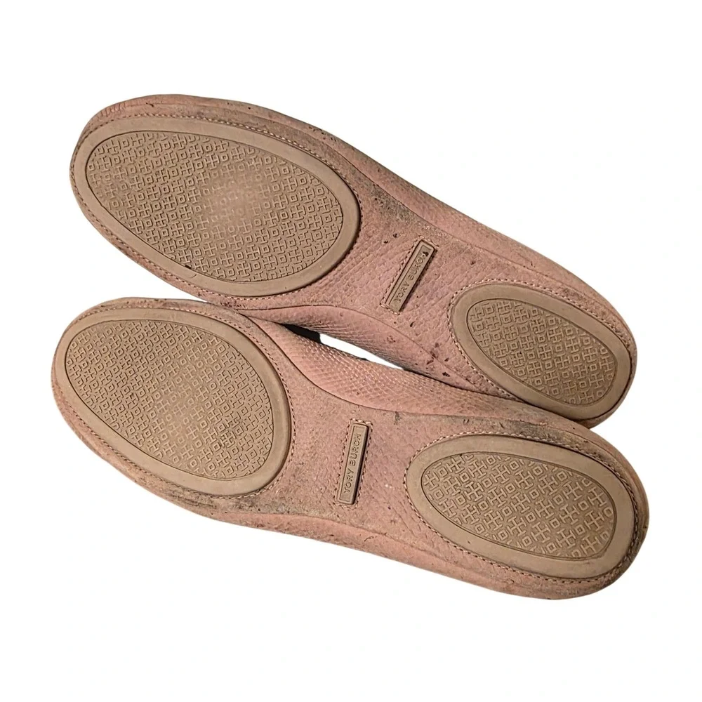 Tory Burch Minnie Travel Ballet Flats Pink Snakeskin Embossed Leather Womens 10